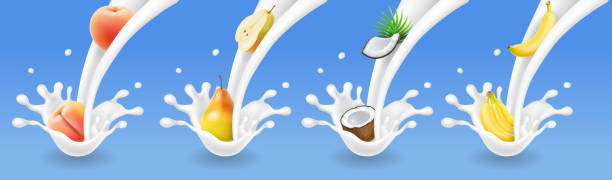 ilustrações de stock, clip art, desenhos animados e ícones de fruit and milk flow yogurt realistic illustration. 3d vector icon set - dairy farm liquid food and drink splashing
