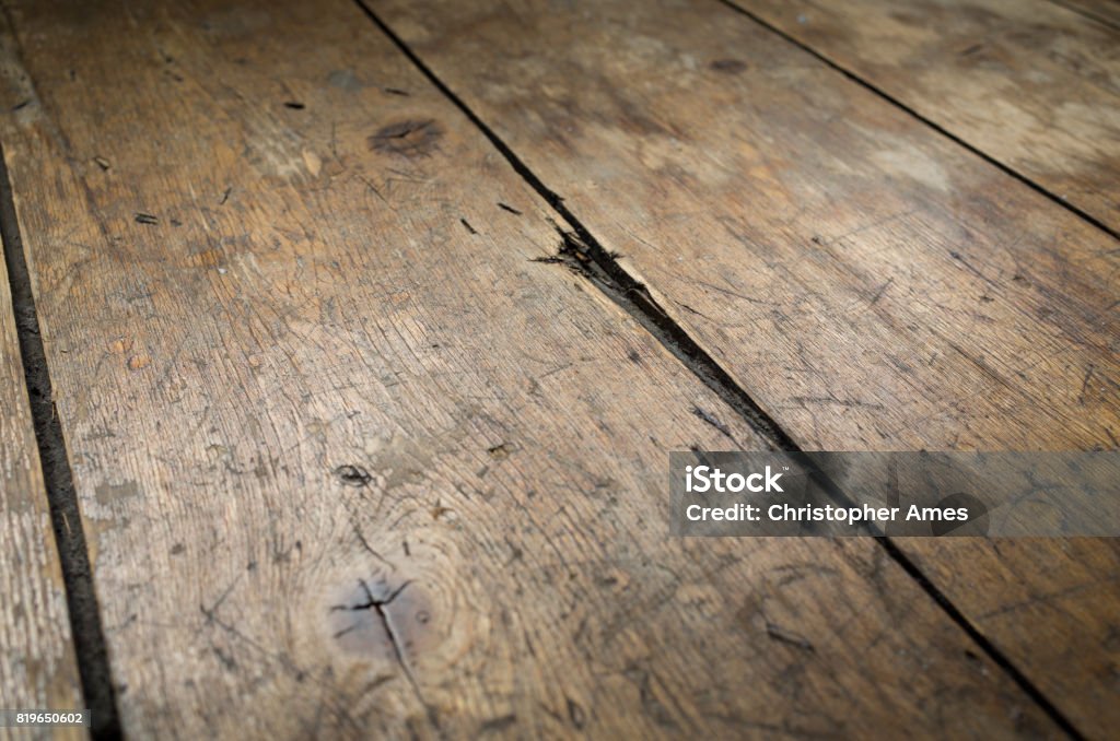 Old and Worn Victorian Wooden Floorboards Old, worn and repaired wooden Victorian floorboards. Abstract Stock Photo