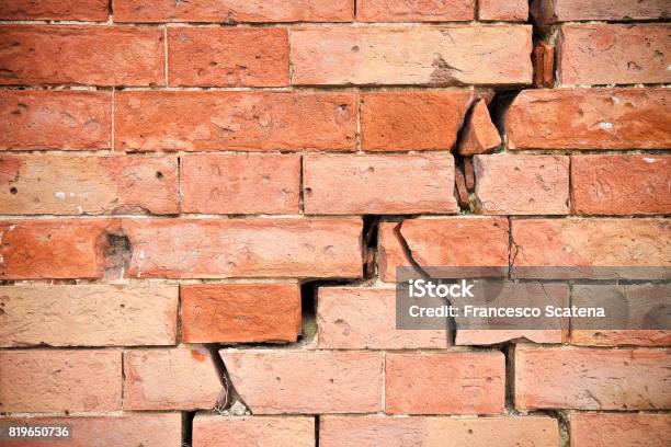 Deep Crack In Old Brick Wall Concept Image Stock Photo - Download Image Now - Cracked, Construction Site, Stability