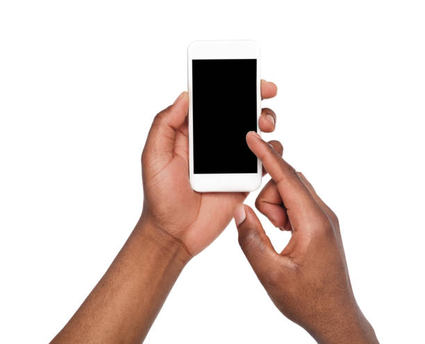 istock Male hands pointing on blank mobile phone screen 819654628