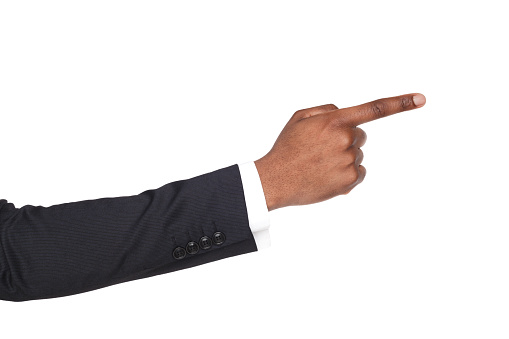Black male hand point finger. Hand gestures - businessman pointing on virtual object with forefinger, isolated on white background