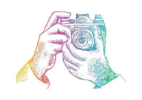 Two Hands Holding a Camera. Hand drawing illustration.