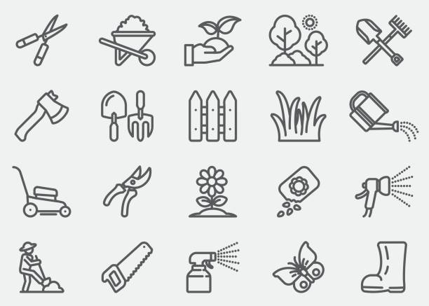 ilustraciones, imágenes clip art, dibujos animados e iconos de stock de jardinería y los iconos de la línea de siembra - herramientas jardineria