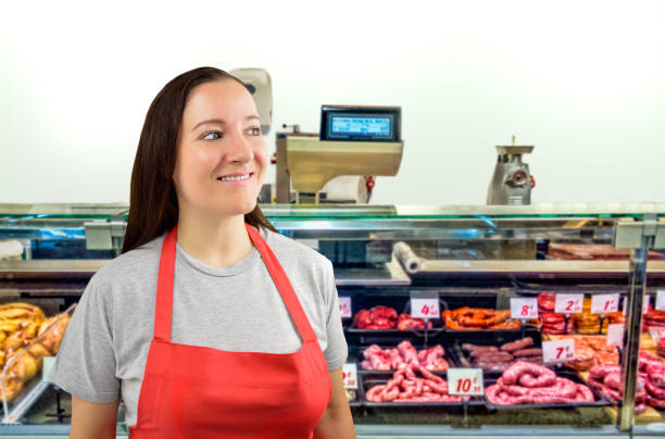 istock female butcher looking askance 819662060