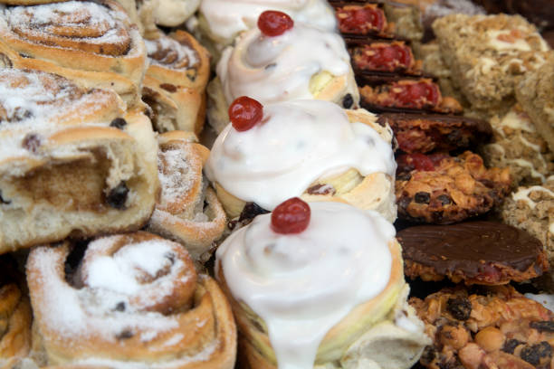 Iced and Chelsea Buns in Bakery Window