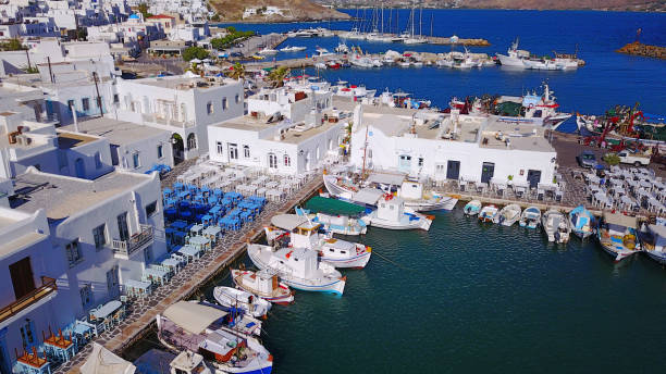 Aerial drone photo of Naousa one of the most picturesque fishing villages and ports in the Aegean, Paros island, Cyclades, Greece stock photo
