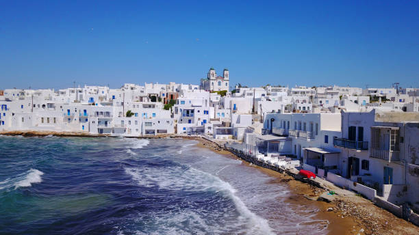 Aerial drone photo of Naousa one of the most picturesque fishing villages and ports in the Aegean, Paros island, Cyclades, Greece stock photo