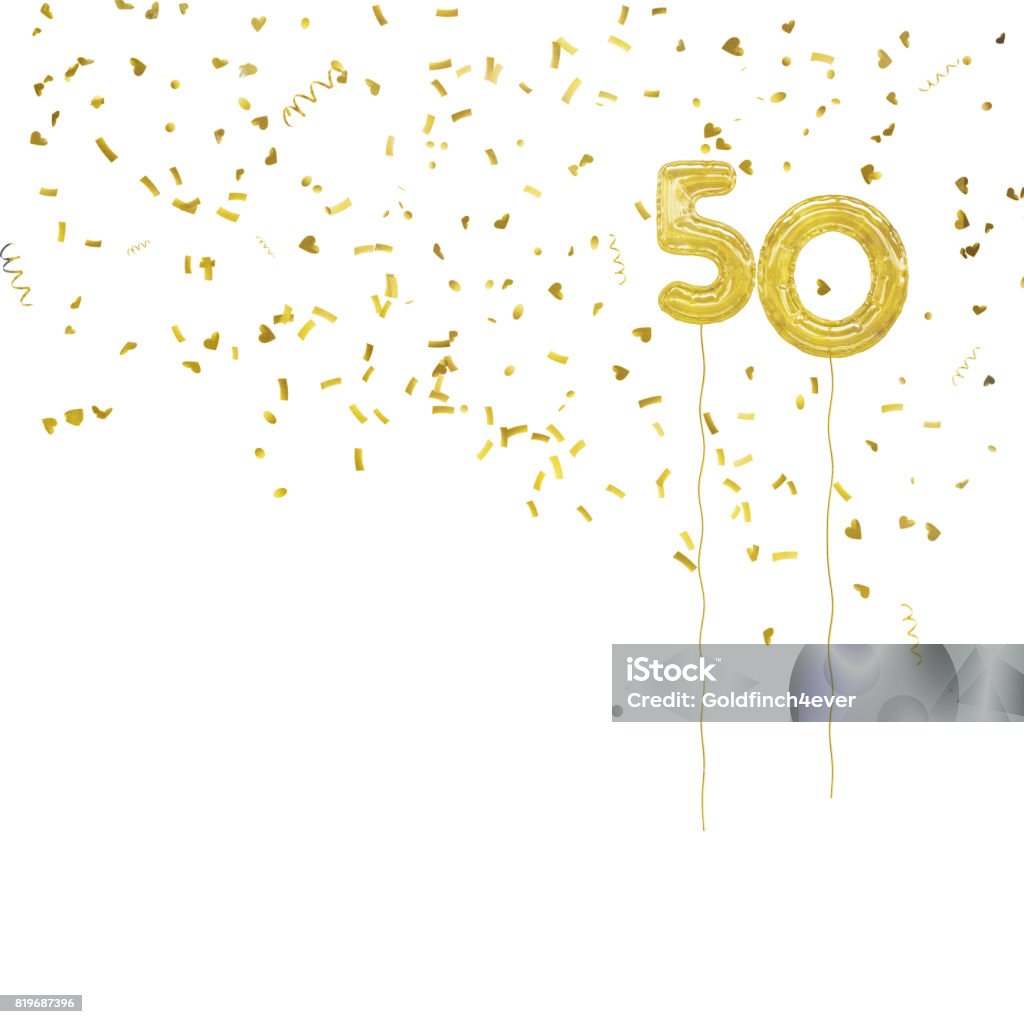 Golden foil balloon numbers, with gold confetti. White background. Ideal 50th birthday or golden wedding anniversary. 50-54 Years Stock Photo