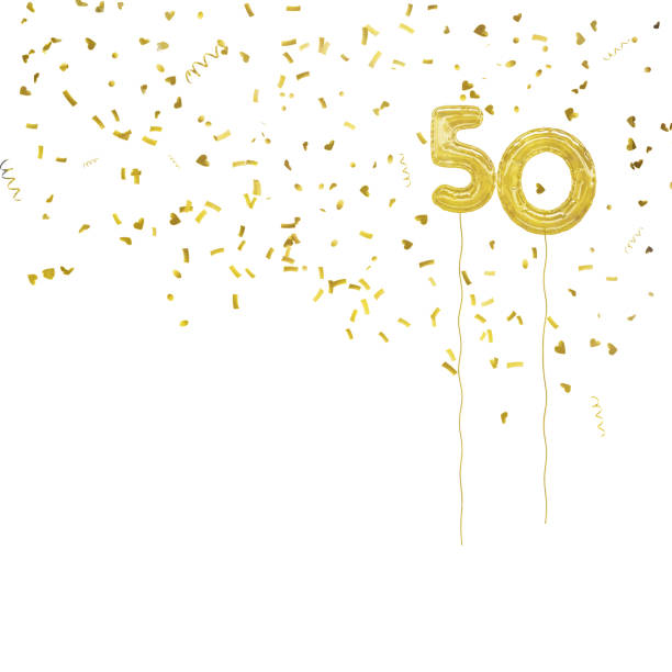 Golden foil balloon numbers, with gold confetti. White background. Ideal 50th birthday or golden wedding anniversary. 50th anniversary photos stock pictures, royalty-free photos & images