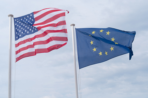 Flag of United States and European Union in the sky