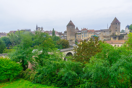 View of the medieval fortifications of Semur-en-Auxois, in Burgundy, France