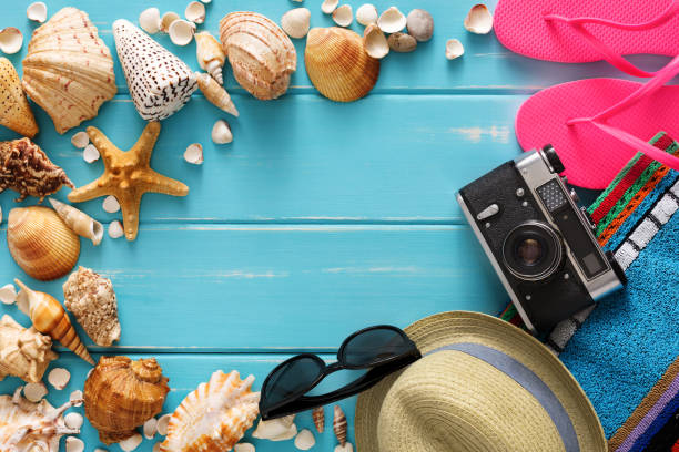 istock Vacation background on blue wood, top view with copy space 819708918