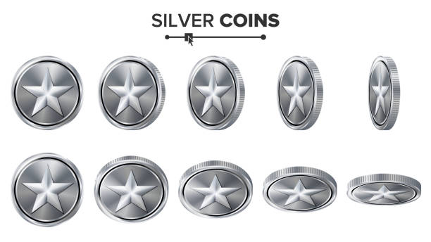 illustrazioni stock, clip art, cartoni animati e icone di tendenza di gioco 3d silver coin vector con stella. capovolgi diverse angolazioni. icone delle monete dei risultati, segno, successo, vincitore, bonus, simbolo di cassa. illustrazione isolata su bianco. per l'interfaccia web, gioco o app - bronze silver gold perks