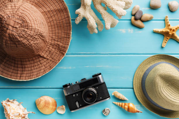 istock Vacation background on blue wood, top view with copy space 819709556