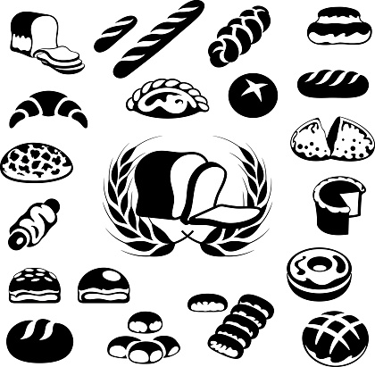 Single colour black icons of various bread loafs and pastries