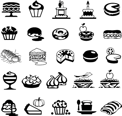 Single colour black icons of various cakes and desserts