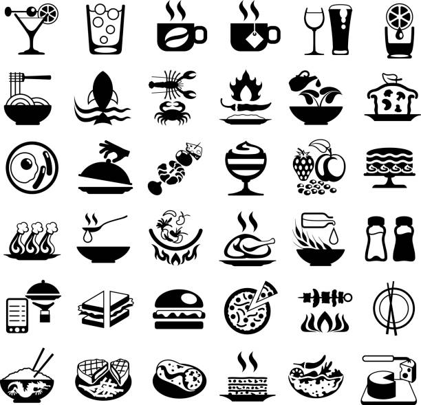 ilustraciones, imágenes clip art, dibujos animados e iconos de stock de comida y bebida negra los iconos - roast chicken illustrations