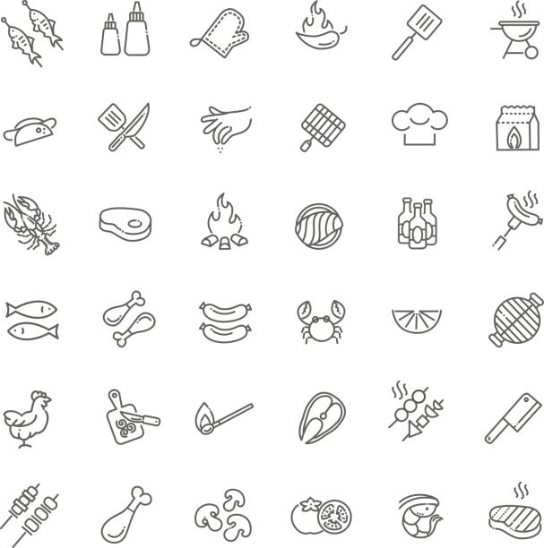 простой набор барбекю связанные вектор линии иконки. - prepared shellfish prepared crustacean food and drink food stock illustrations