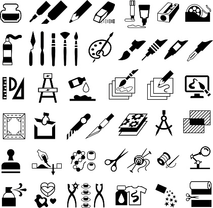 Single colour black isolated icons of art and craft products