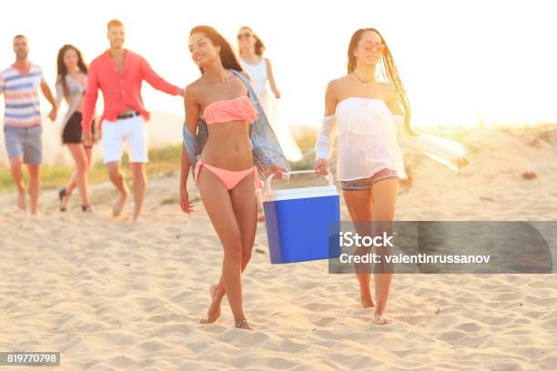 Young Women Holding Cooler Box On Beach Stock Photo - Download Image Now - Cooler - Container, Beach, Women