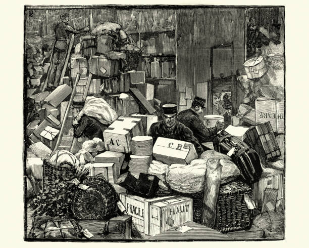 illustrazioni stock, clip art, cartoni animati e icone di tendenza di stazione di delayed luggage st enoch, glasgow, scozia, 1891 - ufficio oggetti smarriti