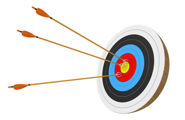 istock Archery target isolated on white background with three arrows accurately stuck into the center ring, 3D rendering 819775522