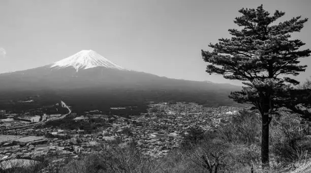 Wide angle black and white view of Mount Fujiyama's iconic snowy peak standing tall above the landscape of Fujikawaguchiko.