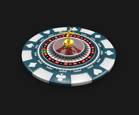 Casino blue chip and roullette. isolated black 3d Illustration
