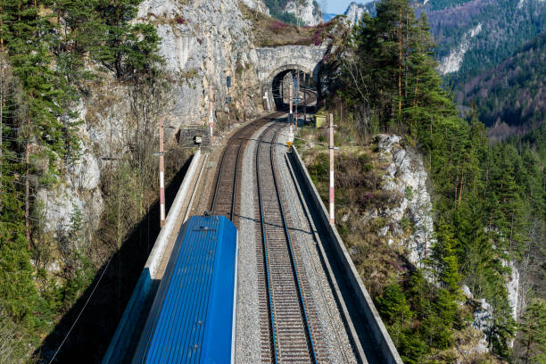 train passing a rail bridge, train viaduct,  semmering bahn - konstruktion imagens e fotografias de stock