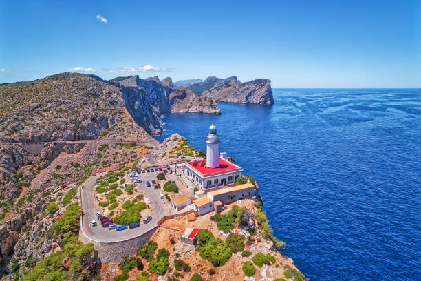 Aerial View lighthouse - Cap de Formentor (Seaside) and the famous cliffs of Balearic Islands Majorca / Spain - fotografia de stock