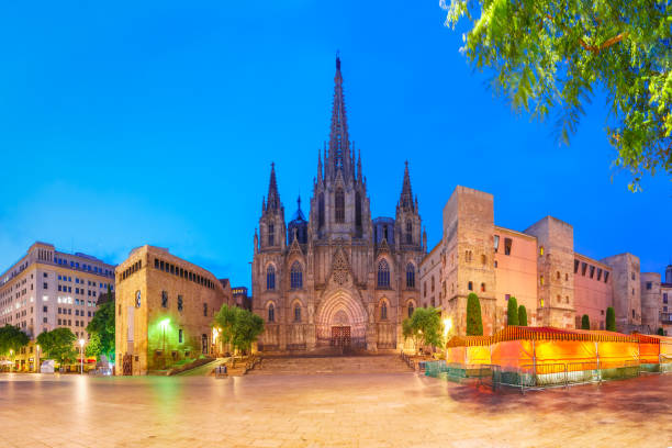 Panorama of Cathedral of the Holy Cross and Saint Eulalia during morning blue hour, Barri Gothic Quarter in Barcelona, Catalonia, Spain
