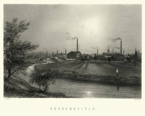 Vintage engraving of Huddersfield, Wesy Yorkshire, 19th Century.