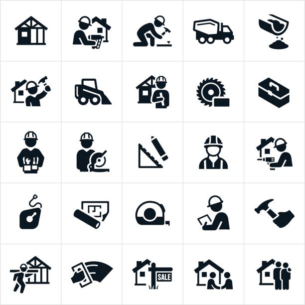 ilustrações de stock, clip art, desenhos animados e ícones de new home construction icons - construction frame construction frame house