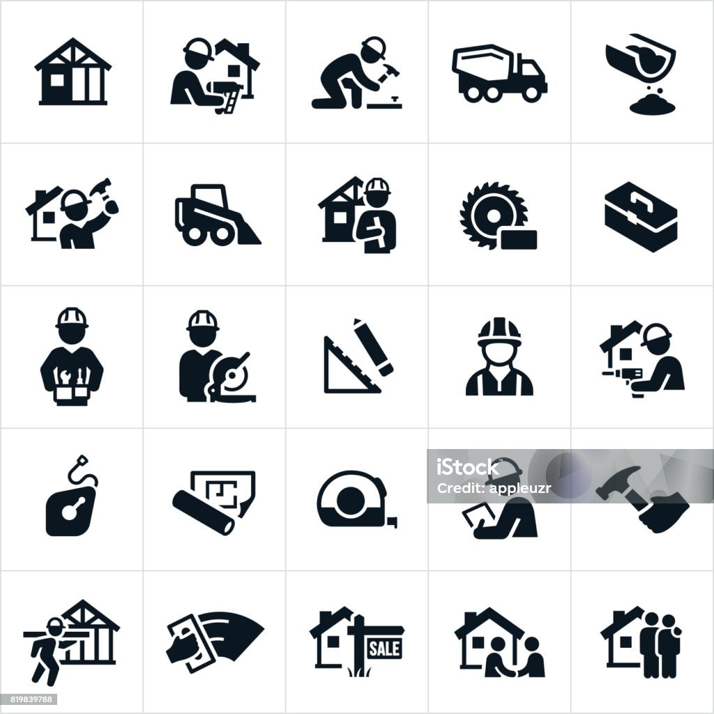 New Home Construction Icons A set of icons with themes related to new home construction. The icons focus on the construction of residential homes and include construction workers, home building, architects, work tools and actual home buyers to name a few. Icon Symbol stock vector