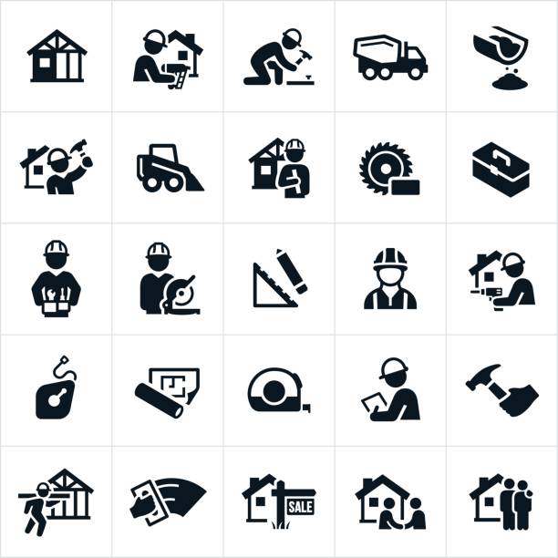 New Home Construction Icons A set of icons with themes related to new home construction. The icons focus on the construction of residential homes and include construction workers, home building, architects, work tools and actual home buyers to name a few. construction workers stock illustrations