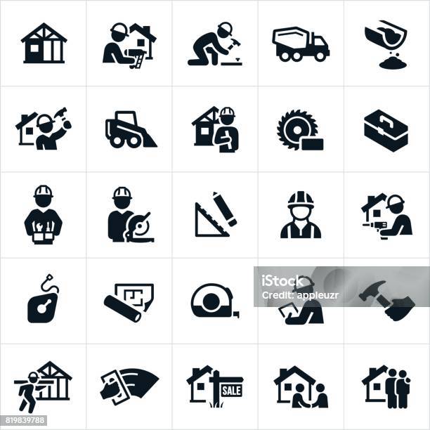 New Home Construction Icons Stock Illustration - Download Image Now - Icon Symbol, Construction Industry, Construction Worker