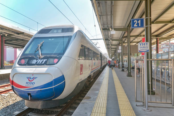 Istanbul, Turkey - July 13, 2017:  High speed train (YHT) waiting at Pendik Train Station, it works between Ankara and Istanbul.