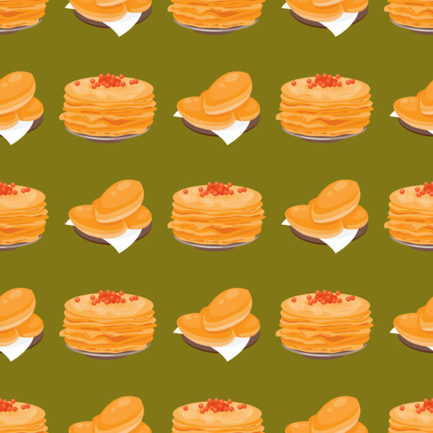 Traditional Russian pancake cuisine seamless pattern dish course food gourmet national meal vector illustration Traditional Russian pancake cuisine seamless pattern dish course food welcome to Russia gourmet national meal vector illustration. Homemade appetizer delicious lunch eating snack background. buttermilk mountain stock illustrations