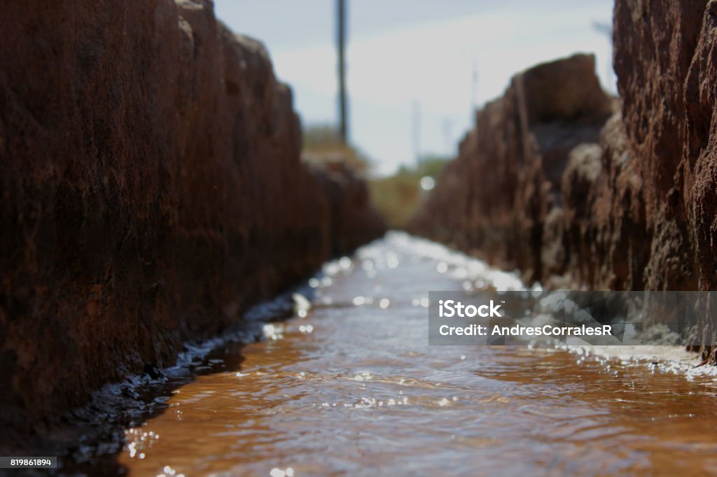 Water of life Water gutter in San Pedro de Atacama, in the Atacama Desert, famous for being the driest in the world. The water in this tugar is a very valuable resource for both humans and the animals and plants that live and are produced in the place. Chile Stock Photo
