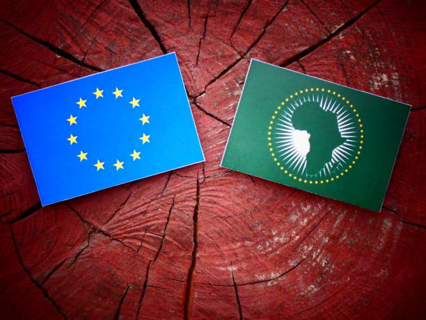 EU flag with African Union flag on a tree stump isolated stock photo