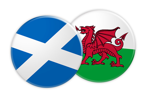 News Concept: Scotland Flag Button On Wales Flag Button, 3d illustration on white background