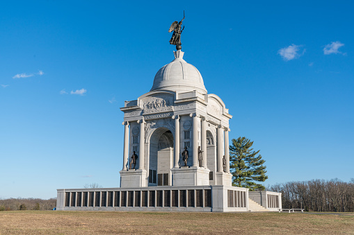 Gettysburg, PA, USA - March 4, 2017: Pennsylvania Monument at Gettysburg National Battlefield in Gettysburg, PA