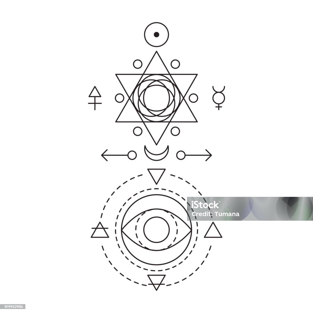 Symbol of alchemy and sacred geometry. Linear character illustration for lines tattoo on the white isolated background. Three primes: spirit, soul, body and 4 basic elements: Earth, Water, Air, Fire Symbol of alchemy and sacred geometry. Linear character illustration for lines tattoo on the white isolated background. Three primes: spirit, soul, body and 4 basic elements: Earth, Water, Air, Fire. Sacred Geometry stock vector