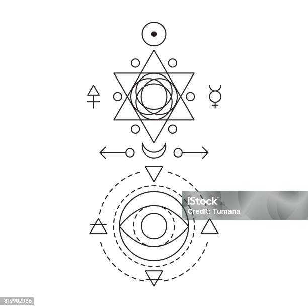 Symbol Of Alchemy And Sacred Geometry Linear Character Illustration For Lines Tattoo On The White Isolated Background Three Primes Spirit Soul Body And 4 Basic Elements Earth Water Air Fire Stock Illustration - Download Image Now