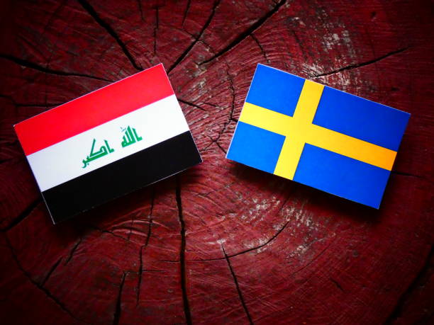 Iraqi flag with Swedish flag on a tree stump isolated stock photo
