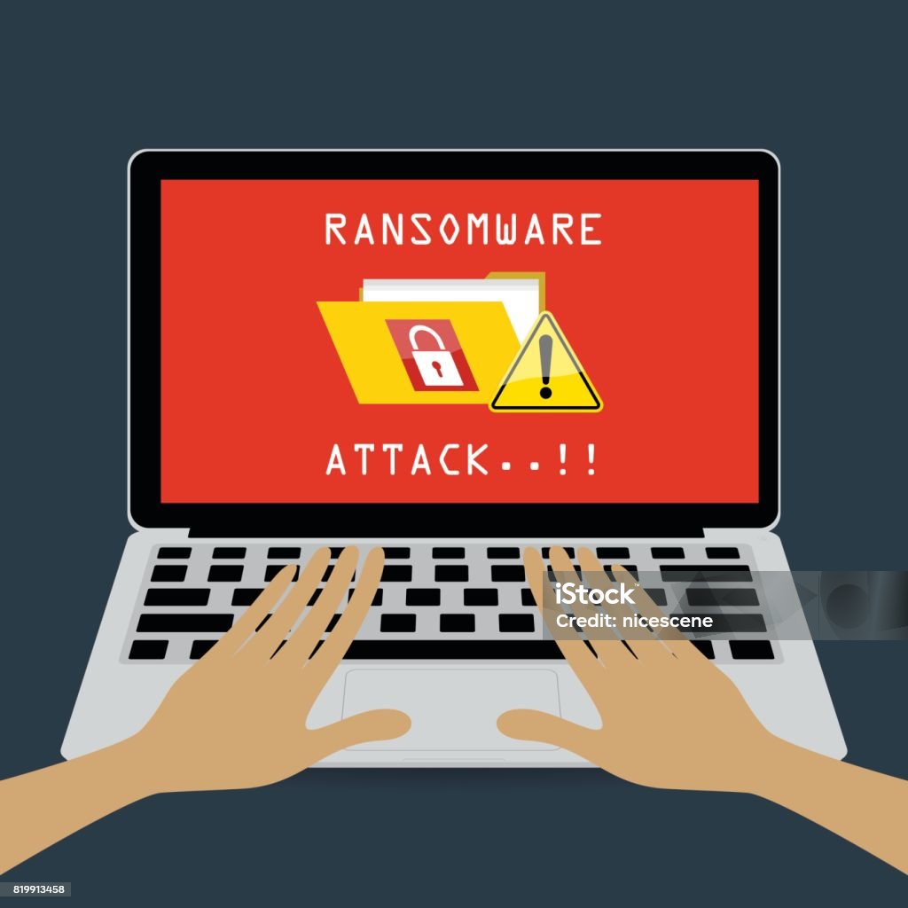 Hand Drawing Ransomware Human Hands On Computer Laptop With Folder Lock Exclamation Mark And ...