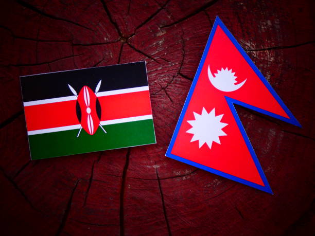 istock Kenyan flag with Nepali flag on a tree stump isolated 819923790