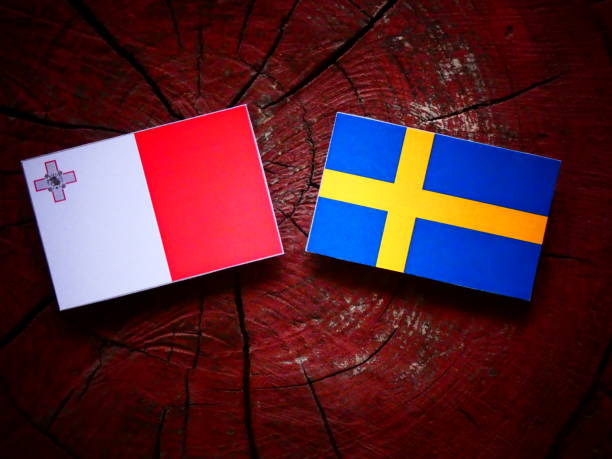 istock Maltese flag with Swedish flag on a tree stump isolated 819946158