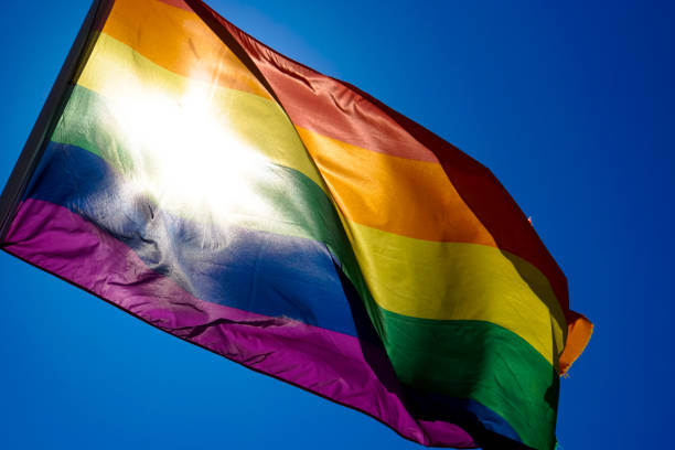 istock Rainbow flag waiving in the wind with sun shining through it 819953204