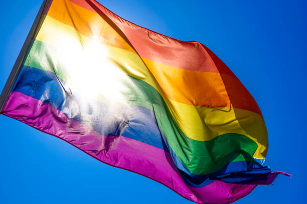 istock Rainbow flag waiving in the wind with sun shining through it 819953226